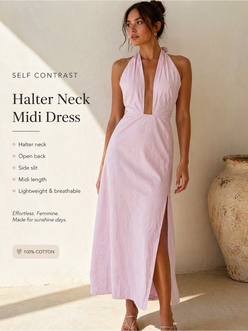 NWT Self Contrast Pink Halter Neck Backless Maxi Dress w/ Side Slit ~ Size Large